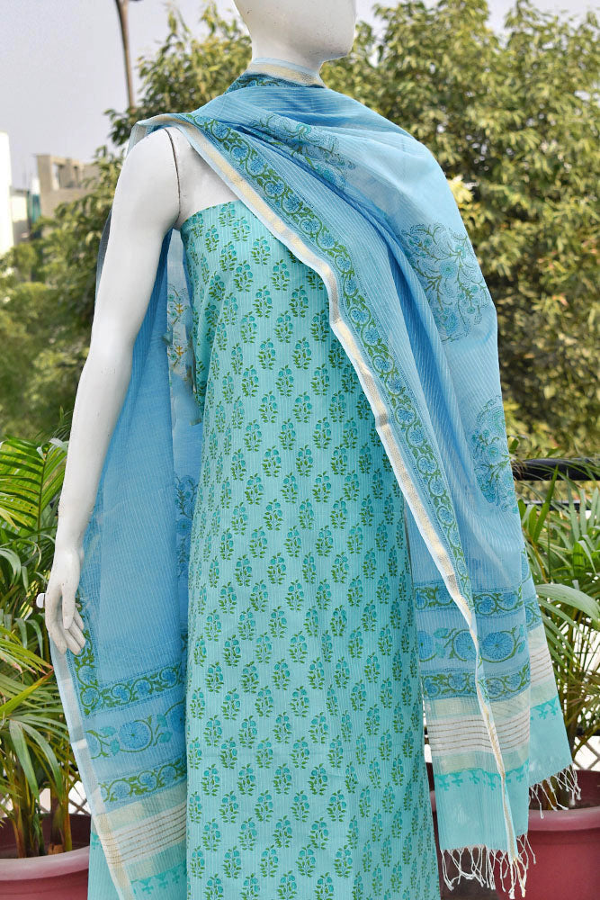 Elegant Handwoven Maheshwari si-co dupatta & kurta with Sanganer block print
