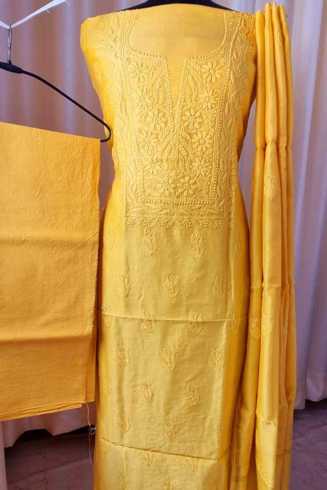 Elegant Chanderi silk Cotton Kurta & Dupatta with Chikankari Embroidery work & cotton bottom - 3 pc set