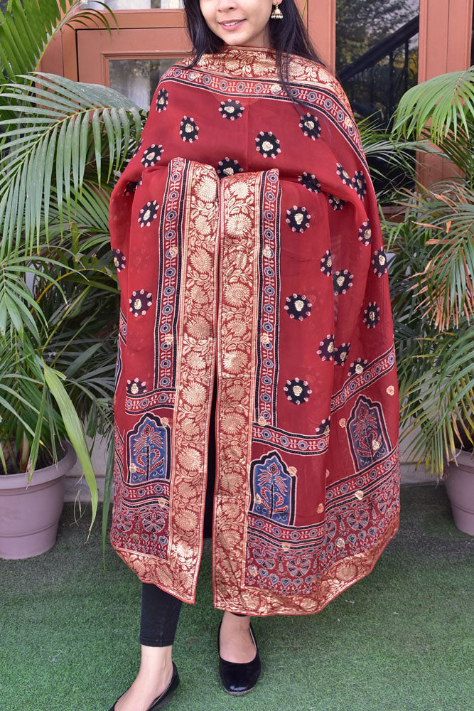 Elegant Ajrakh Hand Block Print Organza Dupatta/ Stole with Woven bootis and borders