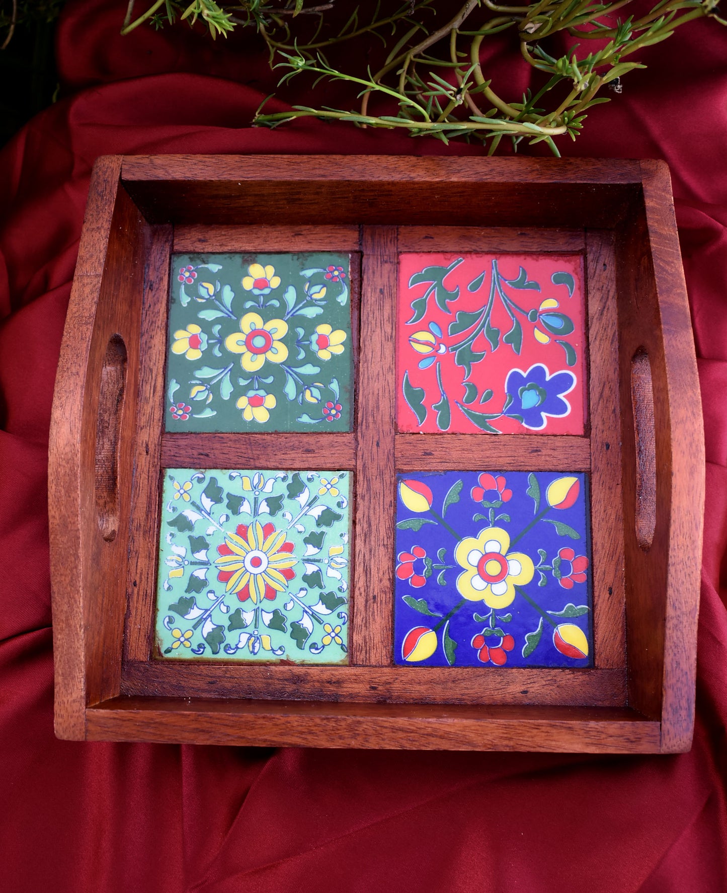 Mango wood Blue pottery tray