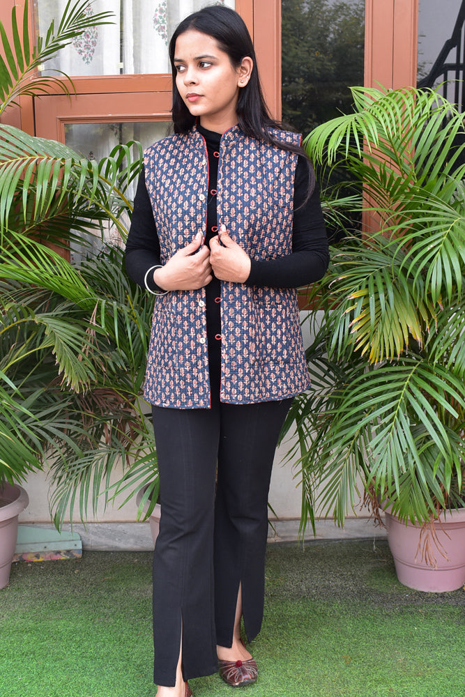 Block Print Quilted Reversible cotton Sleeveless jacket - Size 38, 40, 44, 46