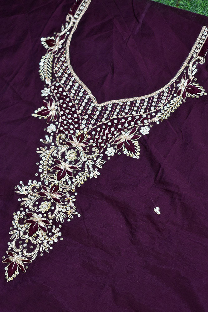 Beautiful Hand Embroidered Chanderi unstitched suit fabric with Banarasi Dupatta & Matching Potli bag & Jutti