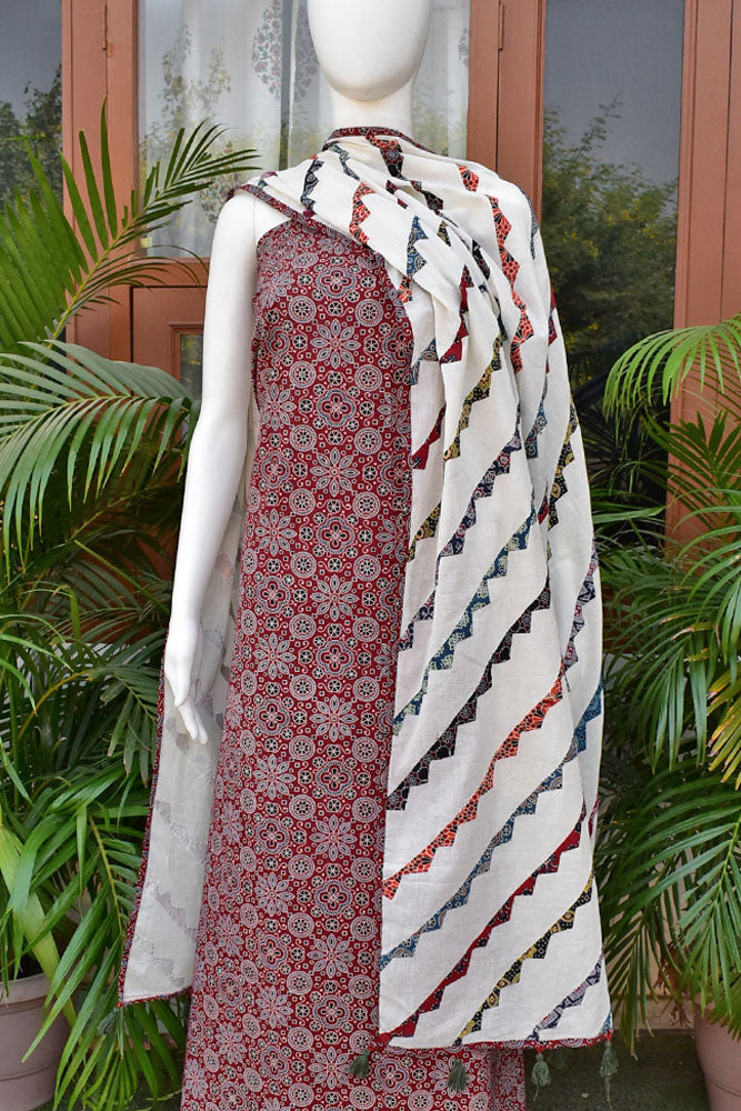Beautiful Ajrakh Cotton Kurta fabric with Heavy Hand Applique Work dupatta