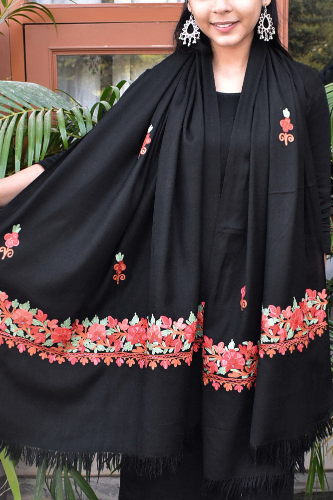 Elegant, Fine & Soft Semi Pashmina Woolen Stole with Aari work Embroidery