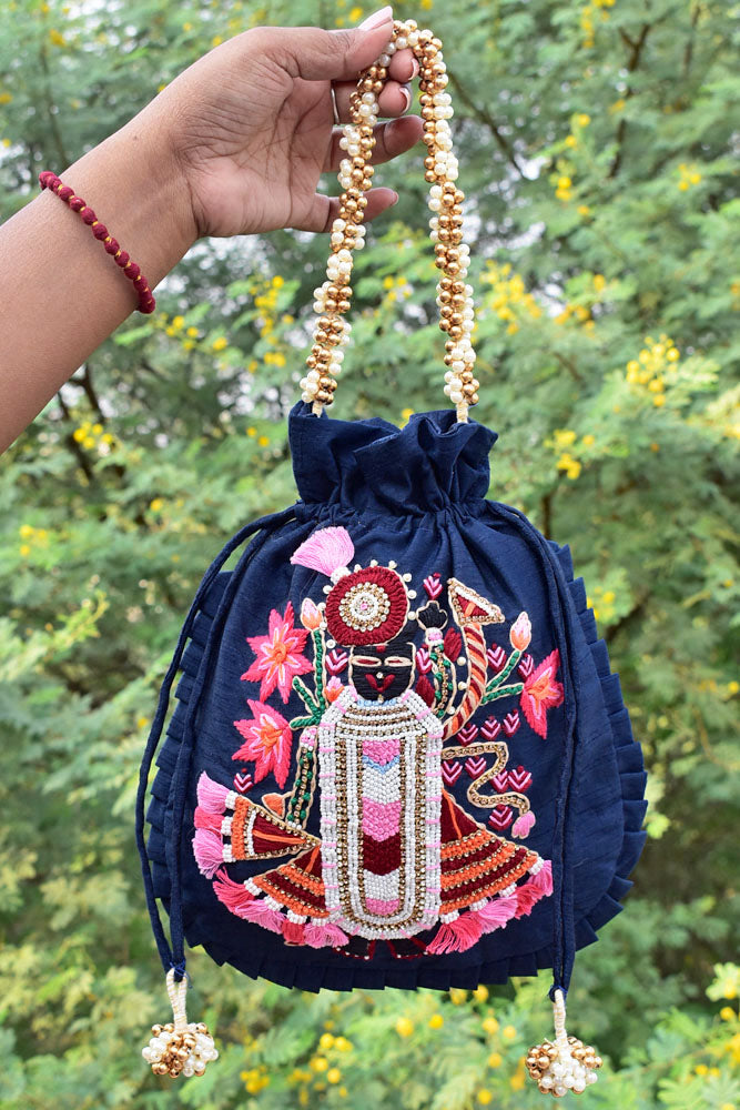 HAND EMBROIDERED SHREENATH JI PEARL & RESHAM , STONE WORK SILK BLEND POTLI BAG FOR GIVEAWAYS FOR WOMEN / RETURN GIFTS & FAVOURS FOR GUESTS