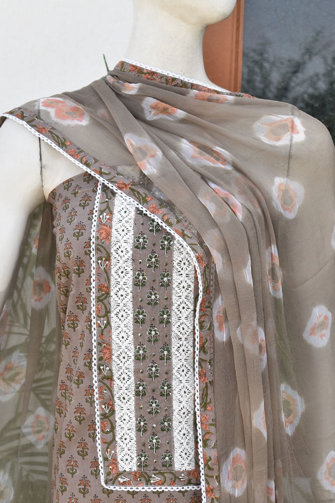 Beautiful Cotton Suit with Schiffli work Lace , Hand painted motifs & Hand Embroidery