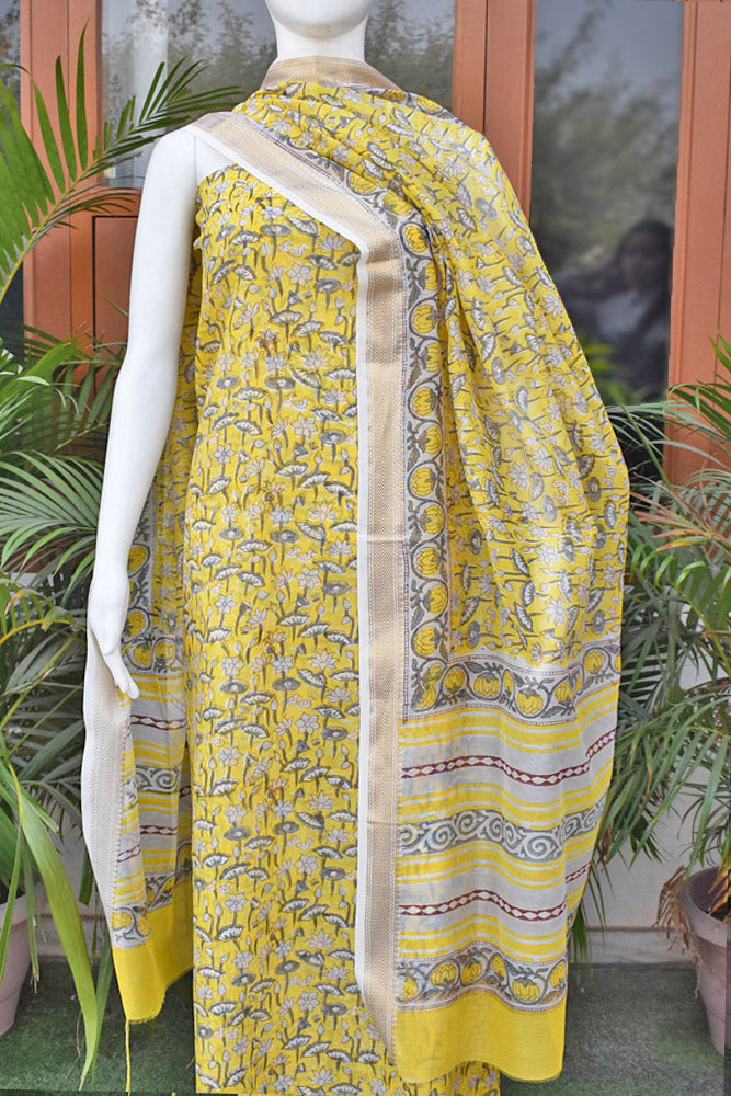 Beautiful Hand Block Printed Maheshwari Silk Cotton Unstitched suit fabric - 3 pc set