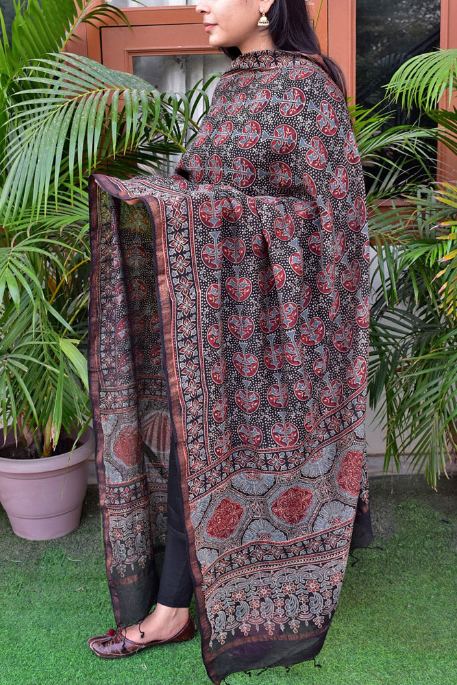 Elegant Ajrakh Hand Block Print Chanderi Dupatta