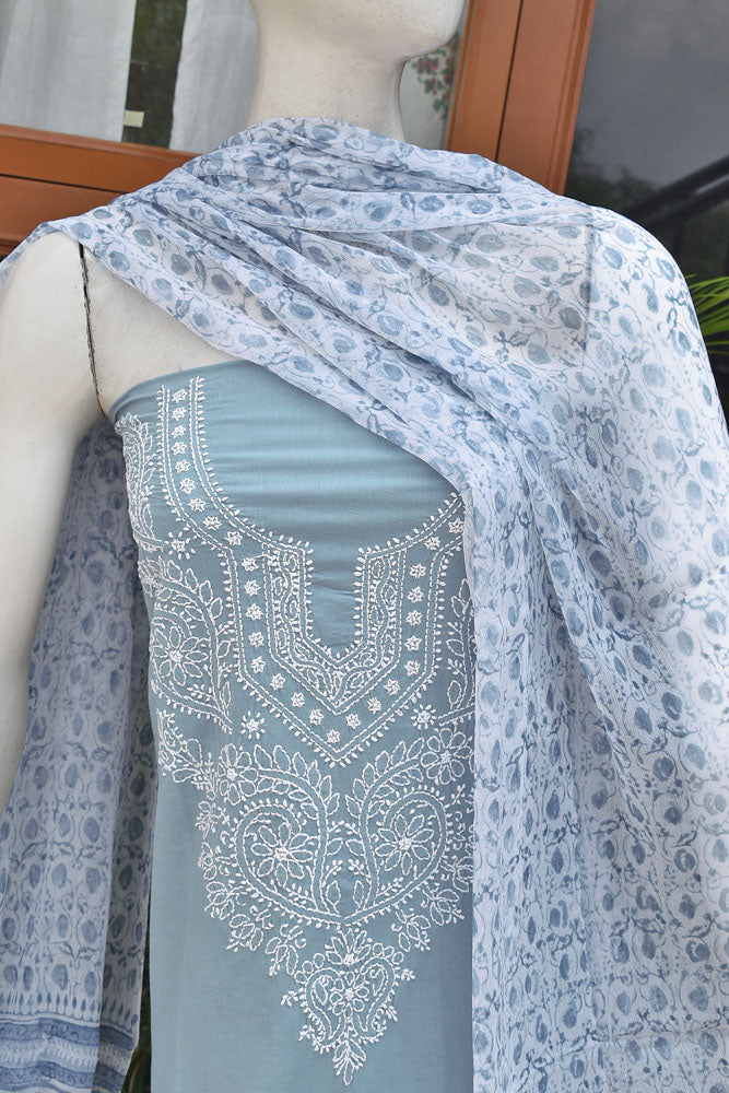 Beautiful Cotton Unstitched Suit Fabric with Chikankari & Hand Block printing