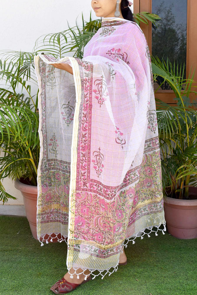 Beautiful Hand Block Printed Kota Doria Dupatta with zari checks and zari border