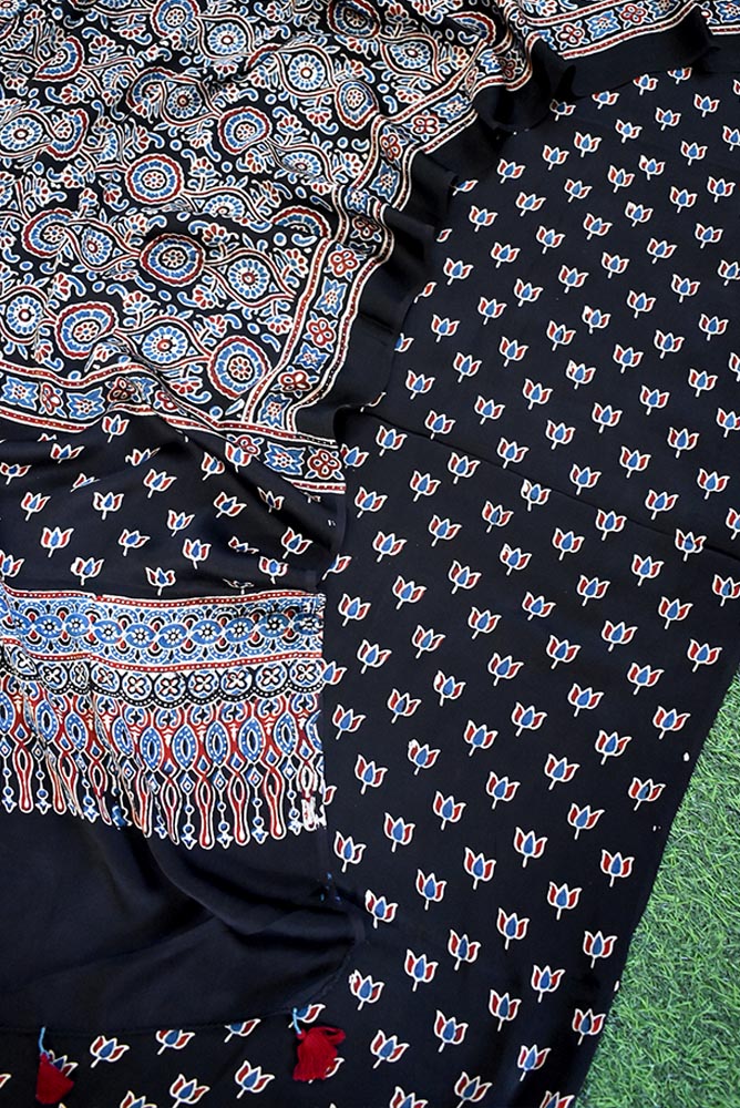 Designer Kutch Ajrakh Modal Silk Kurta and Dupatta with tassels