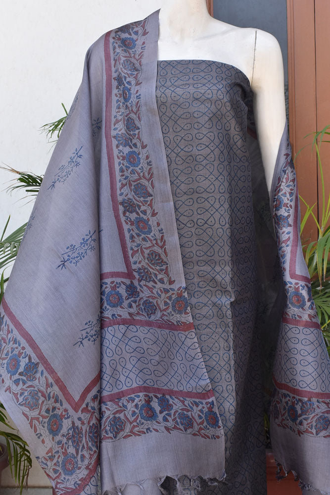 Hand Block Printed Pure Desi Tussar Silk Kurta fabric & Dupatta with art silk bottom Set