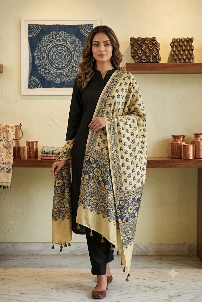 Beautiful Hand Block Printed Ajrakh Modal Silk stole with Tassels