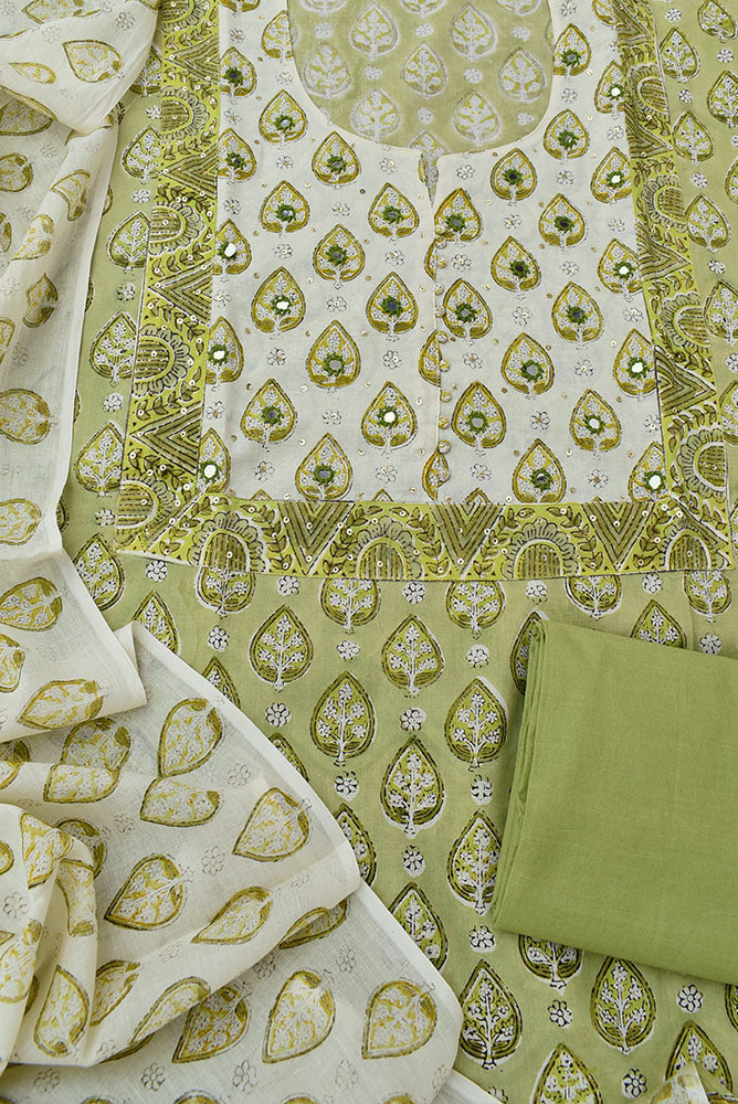 Beautiful Cotton Unstitched Suit Fabric with Embroidery, sequin & mirror work & Mul cotton dupatta