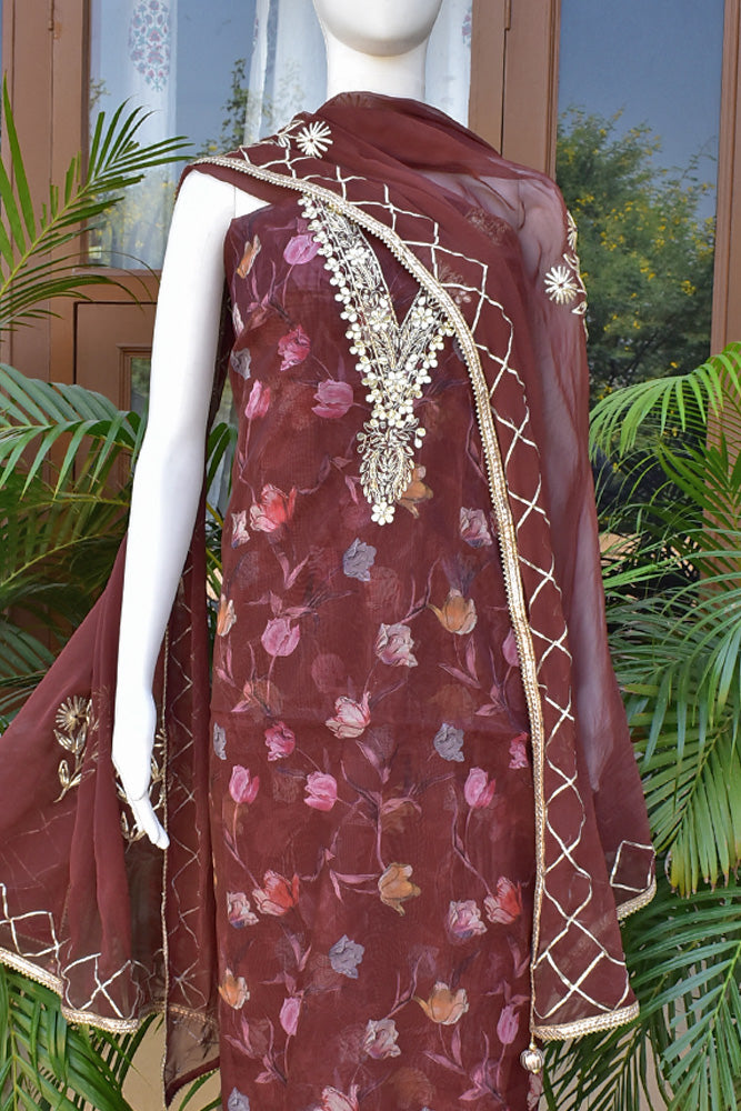 Beautiful Organza unstitched suit fabric with Gota Patti Work, Hand embroidery & Chiffon dupatta with Gota Work