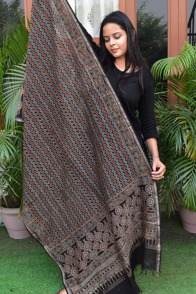 Elegant Ajrakh Hand Block Print Chanderi Dupatta