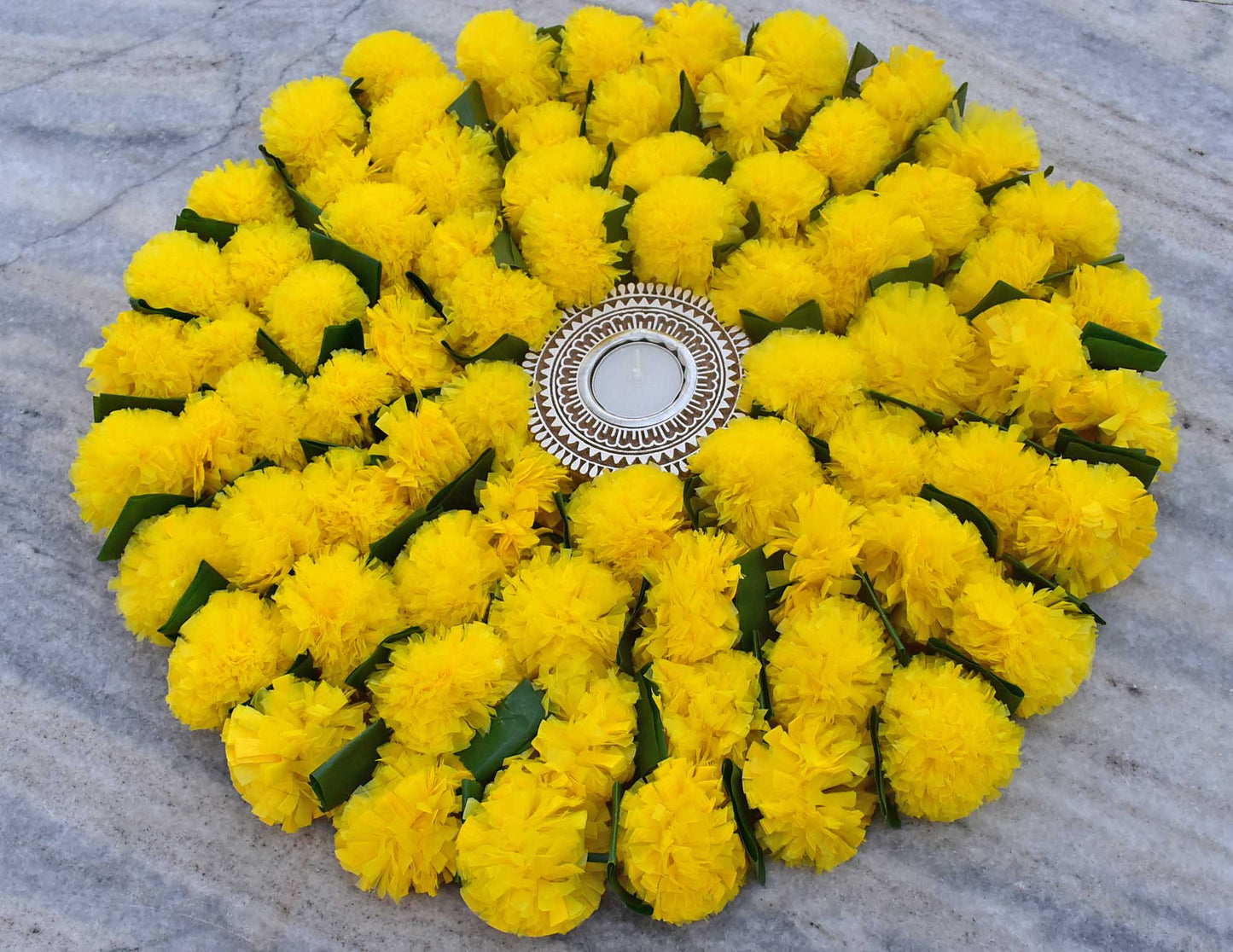 Pack of 5 - Artificial Marigold Flower Garland strings - 4.5 ft + (Yellow& green leaves)