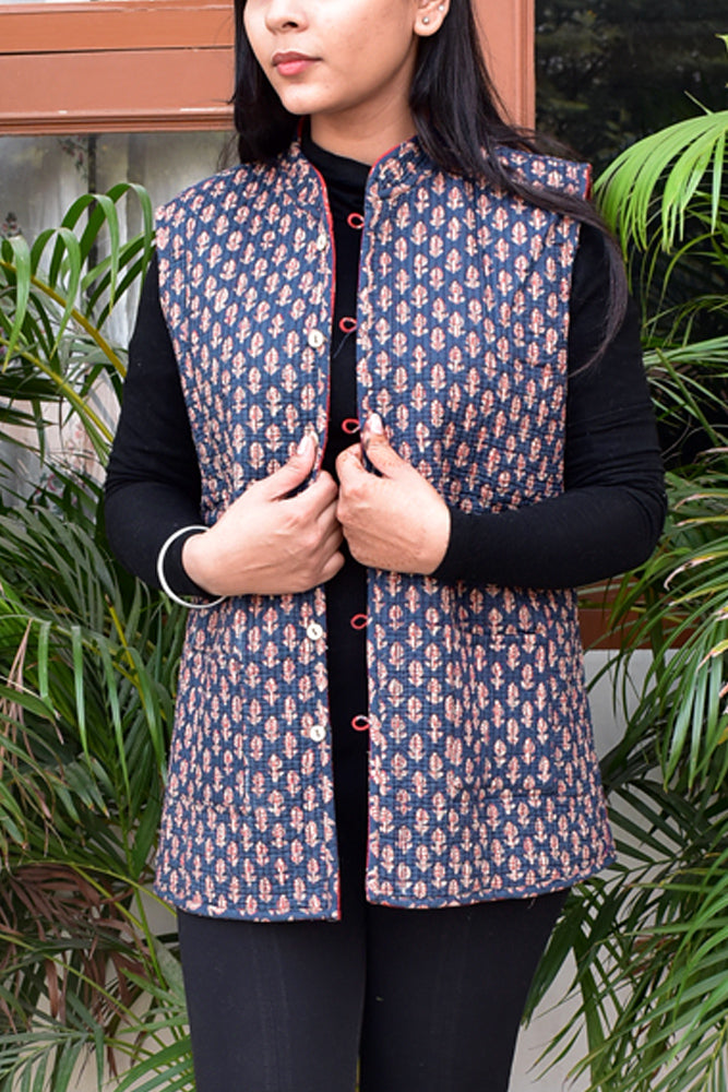 Block Print Quilted Reversible cotton Sleeveless jacket - Size 38, 40, 44, 46