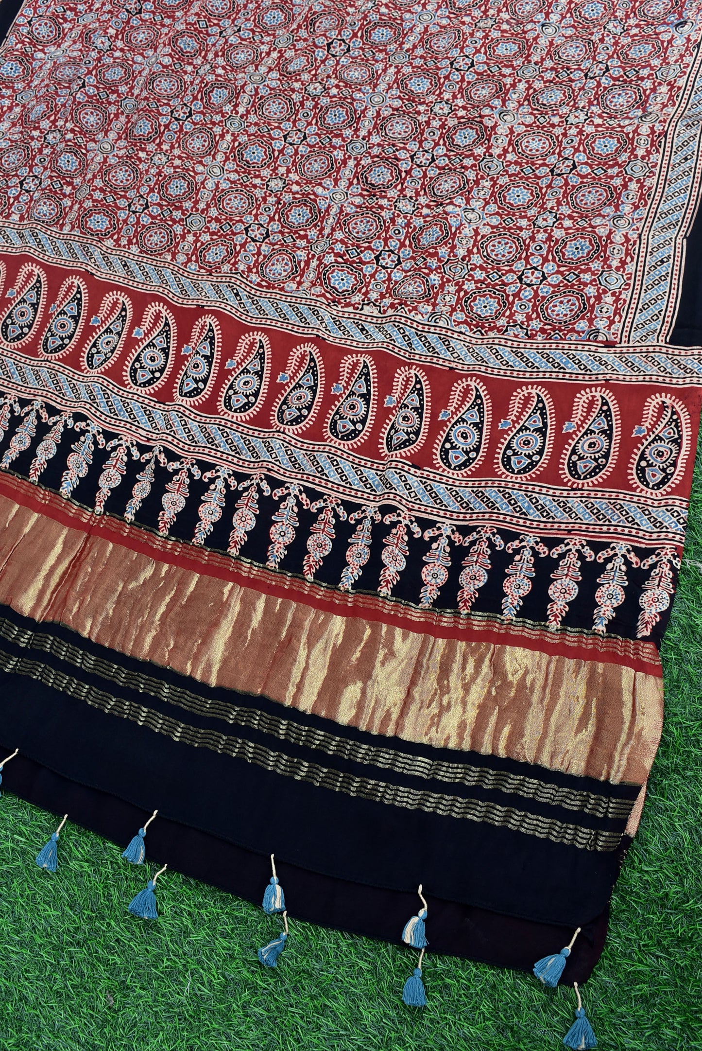 Elegant Modal Silk Ajrakh Block Print Dupatta with zari lagdi patta palla & Tassels