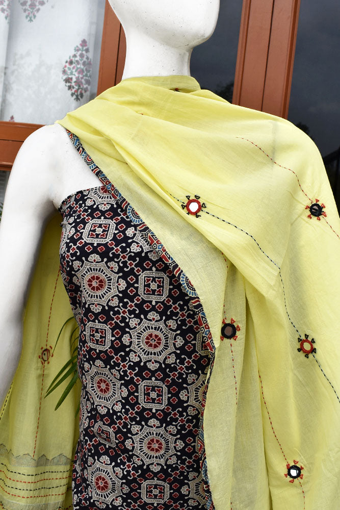 Beautiful Ajrakh Cotton Unstitched Suit with Real Mirror, Kantha & Applique Work dupatta