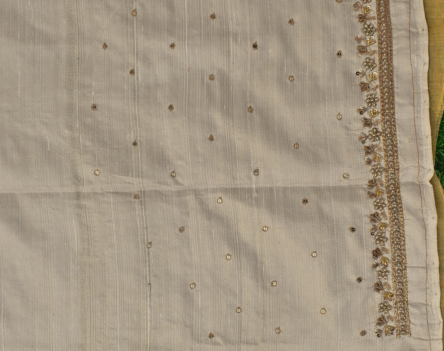 Intricate & Detailed Hand Zardozi, Dabka, Aari , Pearl & Sequin work Blouse Fabric on Pure Raw Silk Fabric