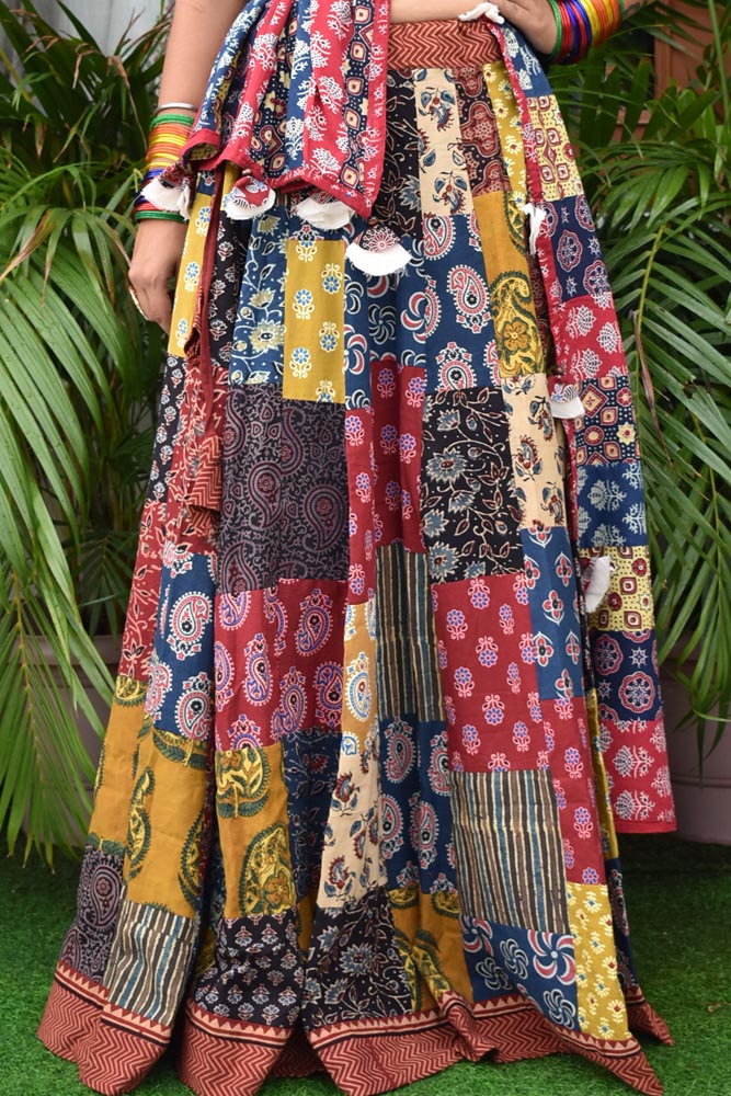 Beautiful Ajrakh Hand Block Printed Patch Work Cotton Long Skirt with Stitched borders