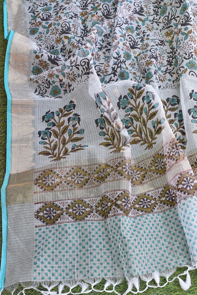 Beautiful Hand Block Printed Kota Doria Dupatta with broad zari border