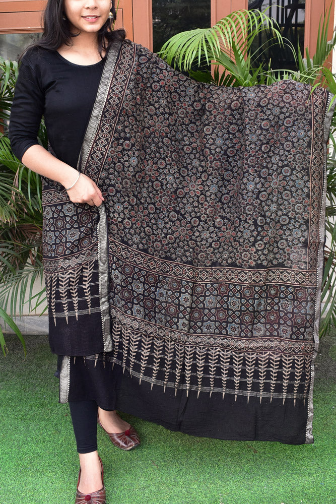 Elegant Ajrakh Hand Block Print Chanderi Dupatta