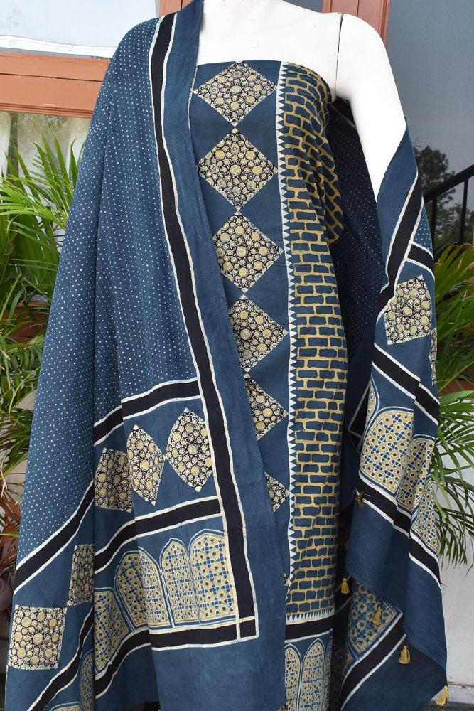 Hand Block Print Ajrakh Cotton Suit with designer Ajrakh neck yoke pattern