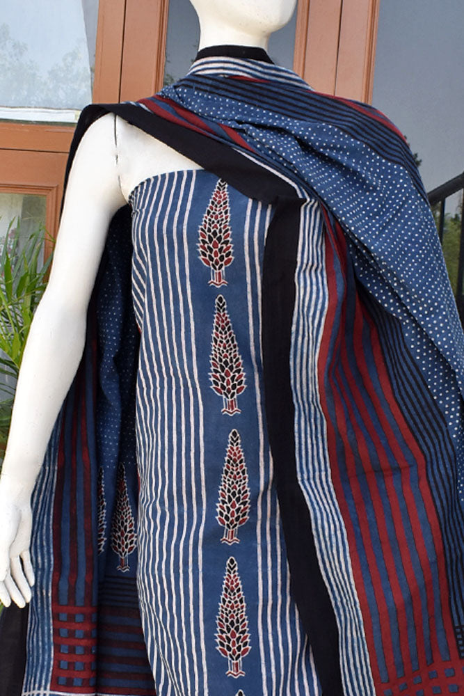 Hand Block Print Ajrakh Cotton Suit with designer Ajrakh neck yoke pattern