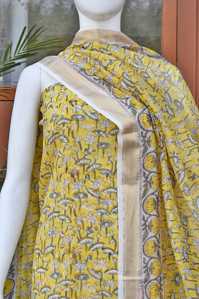 Beautiful Hand Block Printed Maheshwari Silk Cotton Unstitched suit fabric - 3 pc set