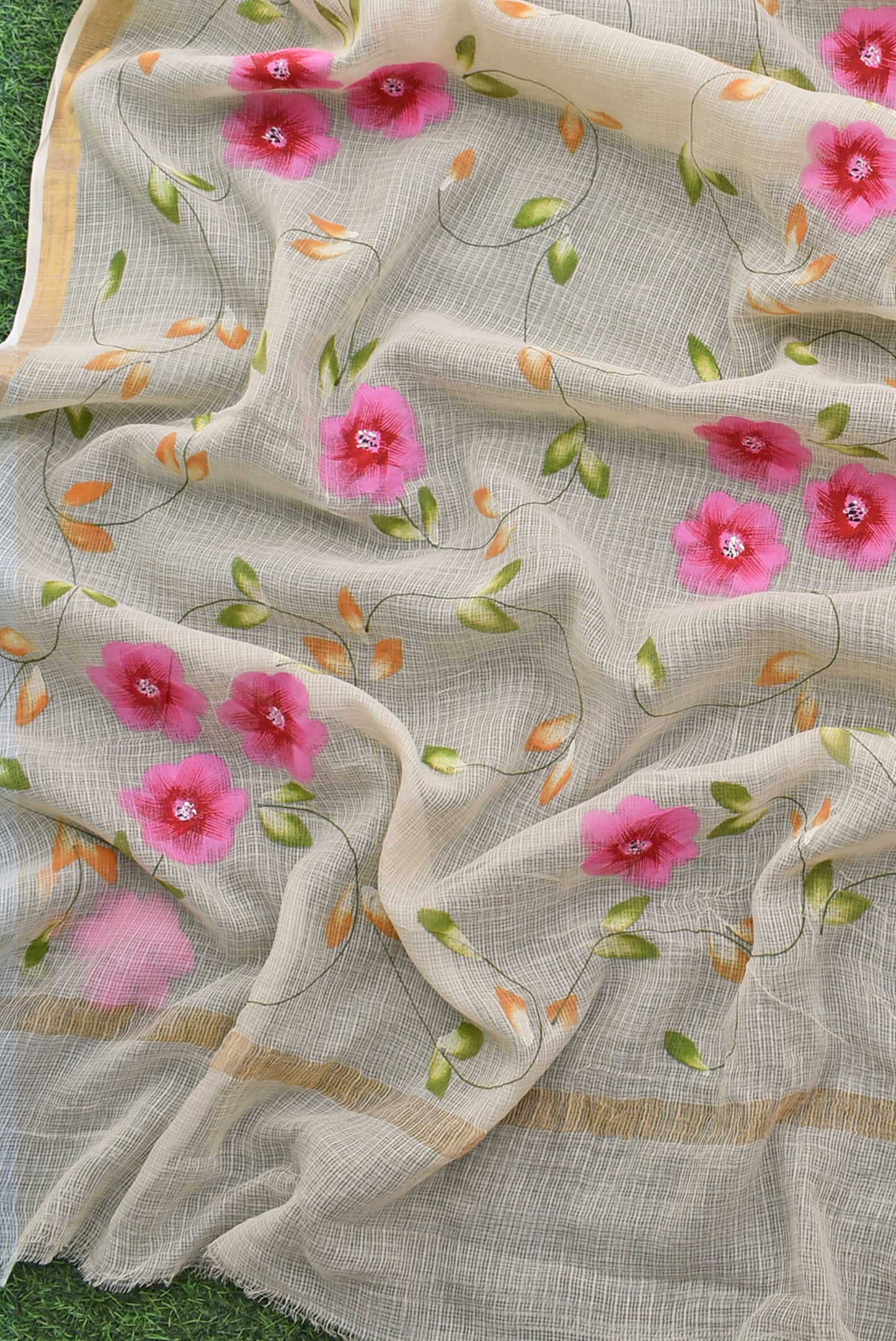 Prakriti : Beautiful Kota Doria Saree with Hand Painted Floral Motifs - Light beige color