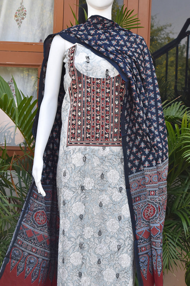 Premium Cotton Unstitched Suit with Intricate Hand Embroidery & Barmer Ajrakh block Print Patch