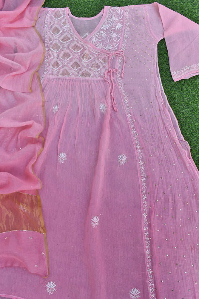 Elegant Mul chanderi silk Semi stitched Angarkha & dupatta set with Chikankari & Muqaish work