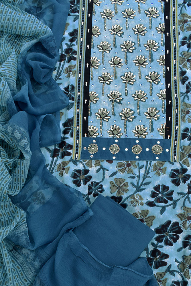 Premium Dabu Ajrakh Cotton Unstitched Suit with Intricate Hand Embroidery, mirror & sequin work & chiffon dupatta