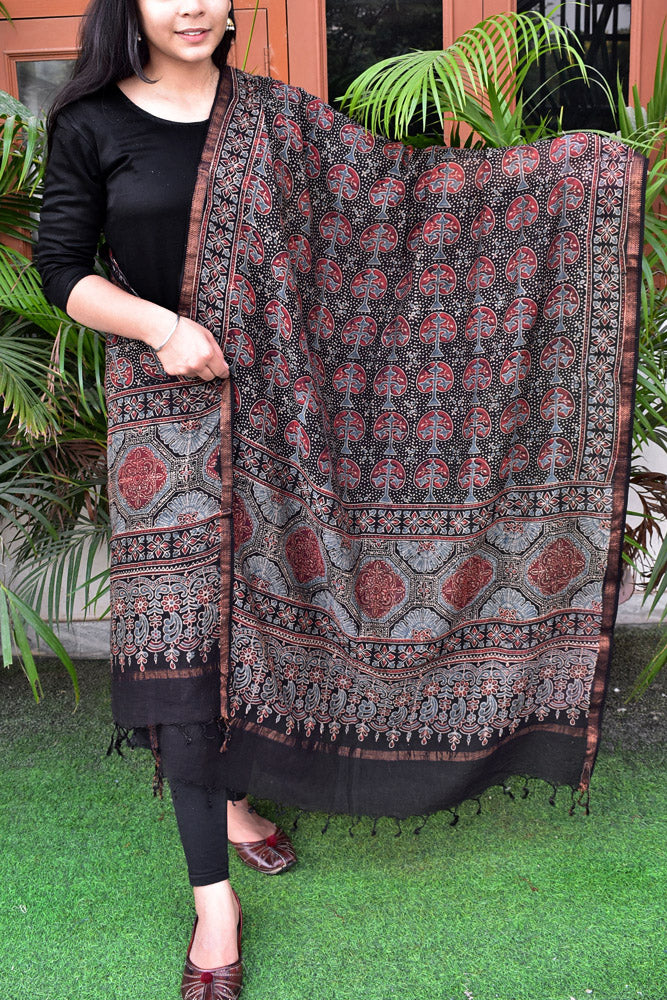 Elegant Ajrakh Hand Block Print Chanderi Dupatta