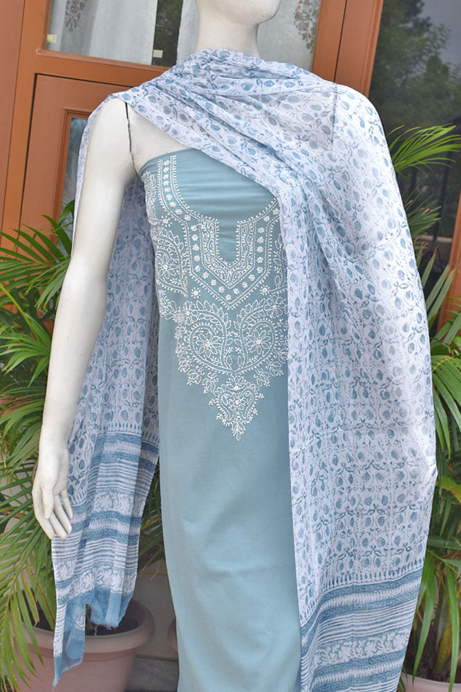 Beautiful Cotton Unstitched Suit Fabric with Chikankari & Hand Block printing