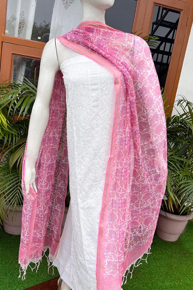 Beautiful Cotton Unstitched Suit Fabric with Chikankari kurta & Kota Doria Dupatta
