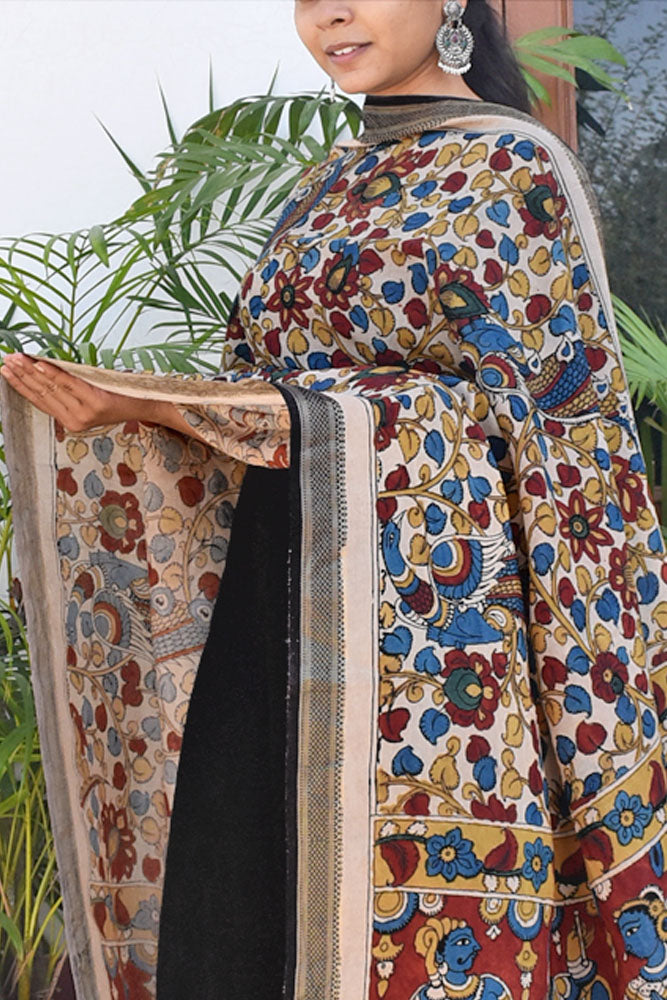 Nandini : Beautiful Bangalore Cotton Silk Hand Painted Kalamkari Dupatta