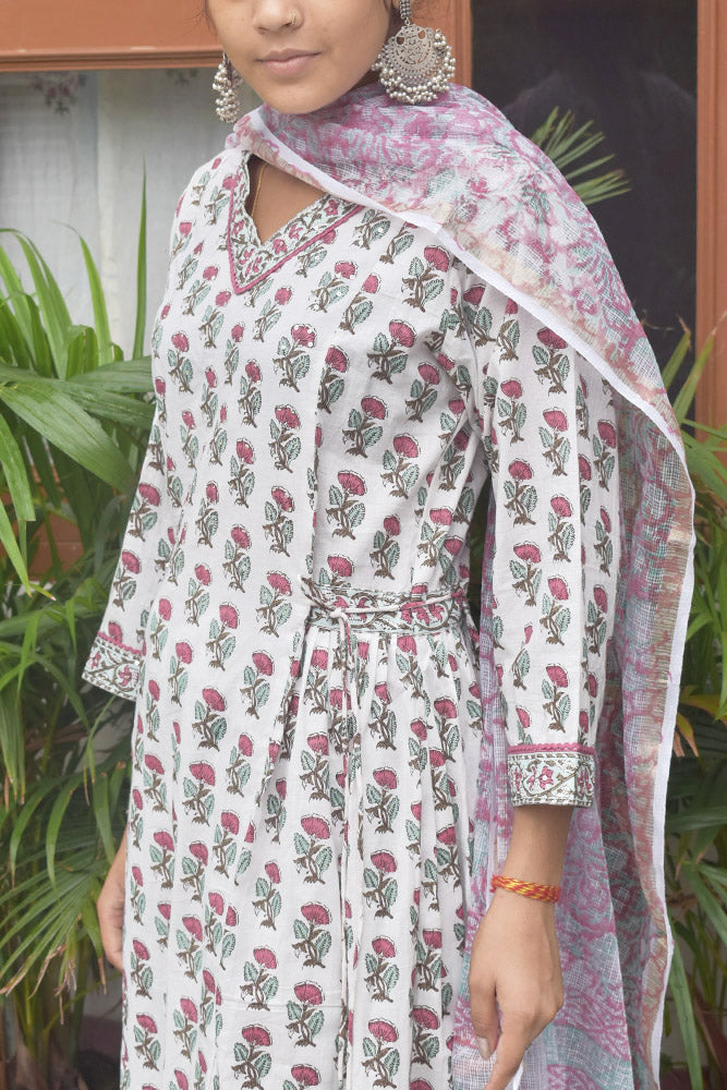 Hand Block Printed & Hand Embroidered Cotton suit with side pleats & Afghani pant - Kurta , Dupatta & Pant