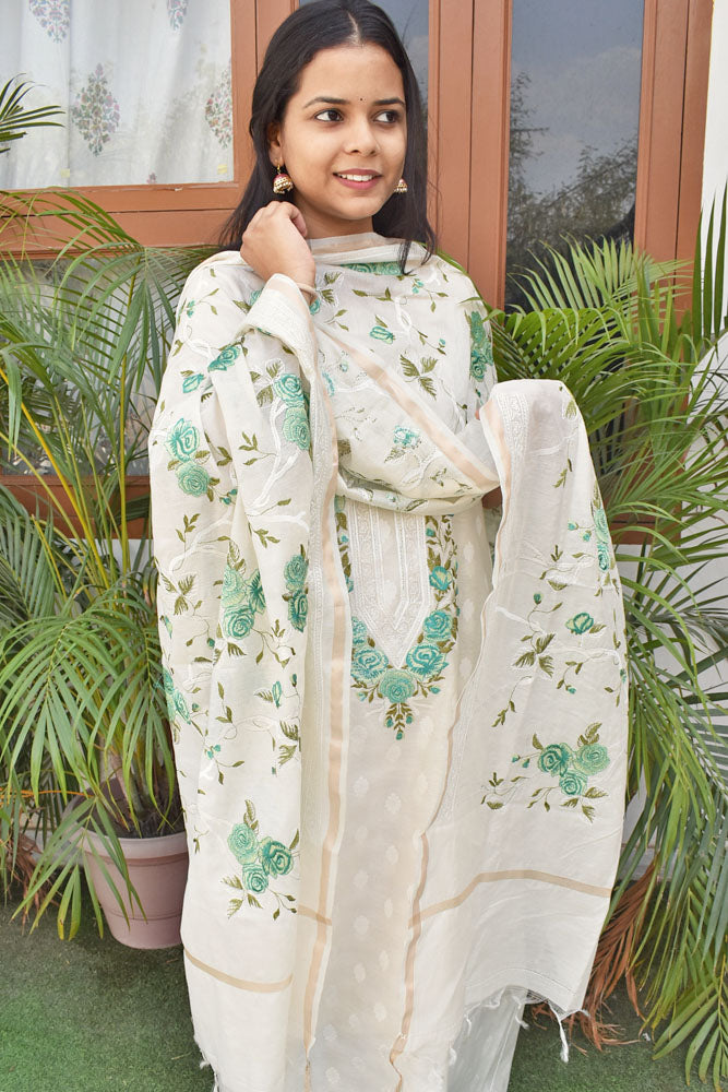 Beautiful embroidered Banarasi Slub Cotton Chanderi suit