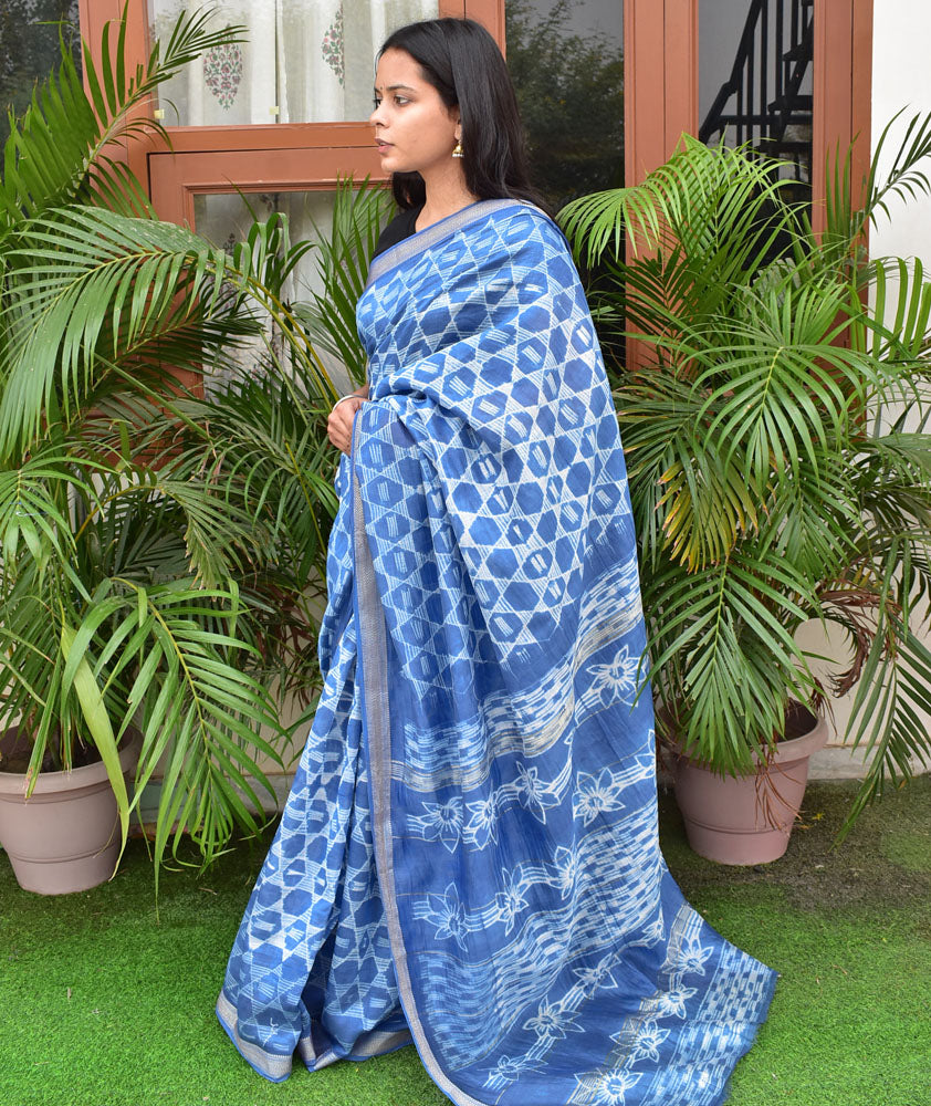 Handcrafted Shibori Tie-Dye Maheshwari Saree with Zari Border