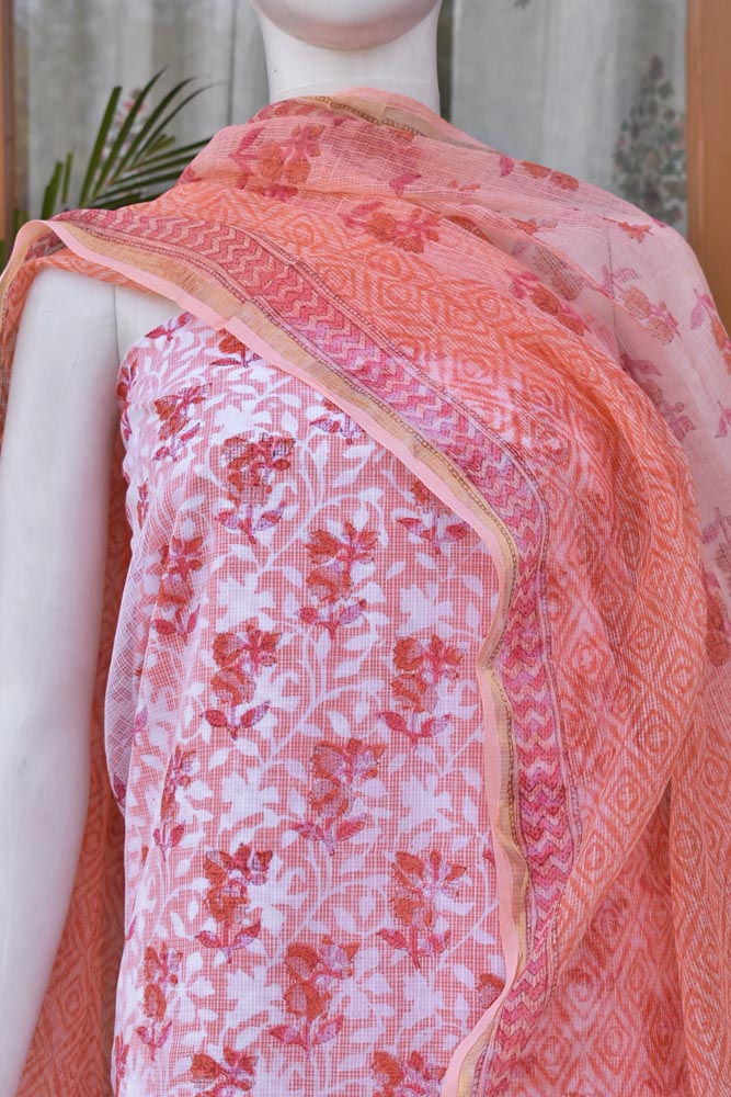 Elegant Sanganer Hand Block Printed Kota cotton Unstitched suit with Cotton Lining & bottom - 4 pc set