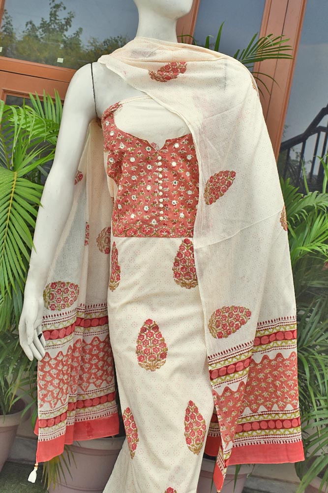 Beautiful Cotton Unstitched Suit Fabric with Embroidery, sequin & mirror work & Mul cotton dupatta