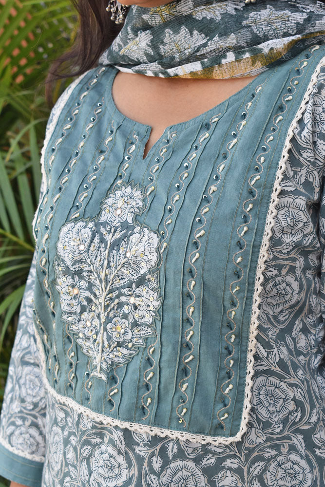 Hand Block Printed Cotton suit with kota dupatta - Kurta , Dupatta & Pant - size 38,  40,  42, 44