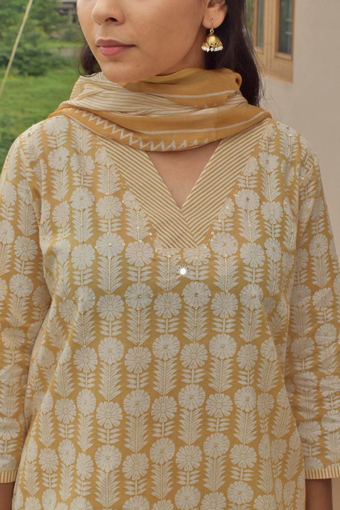 Hand Block Printed Cotton suit with Hand Embroidery & Sequins work- Kurta , Mul cotton Dupatta & Pant - size 36, 38, 40, 42, 44