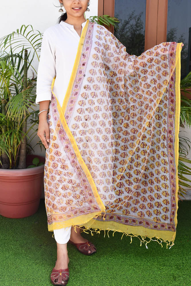 Hand Block Printed Kota Cotton Dupatta with zari border