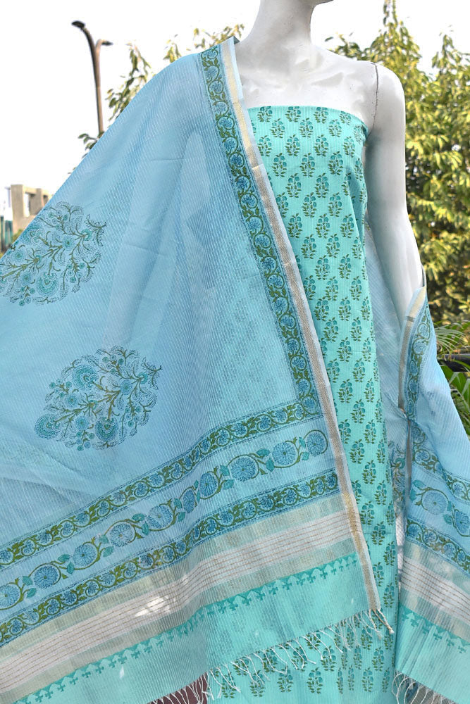 Elegant Handwoven Maheshwari si-co dupatta & kurta with Sanganer block print