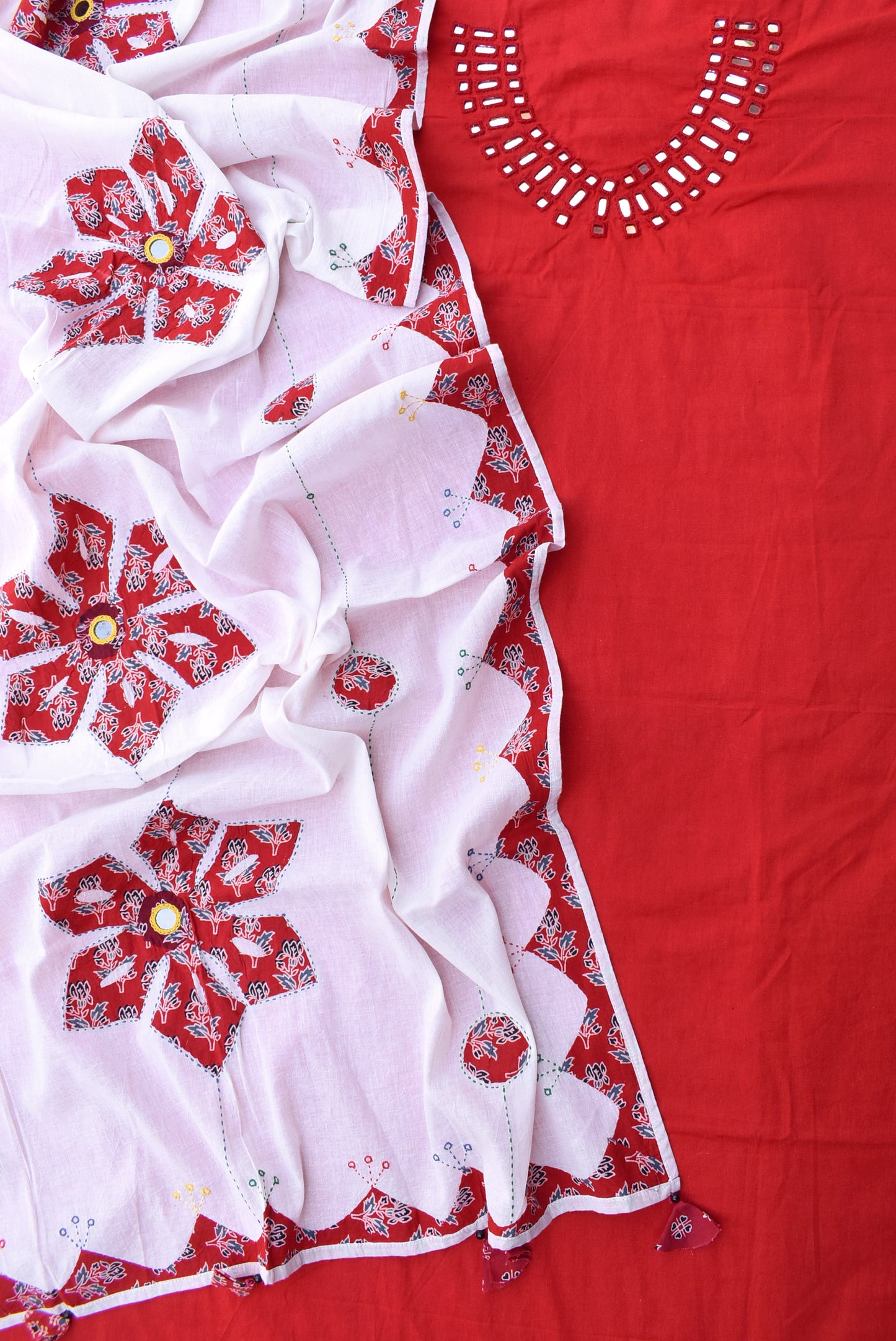 Handwoven Cotton Kurta fabric with Kutch Mirror work & Ajrakh Hand Applique & Mirror work dupatta