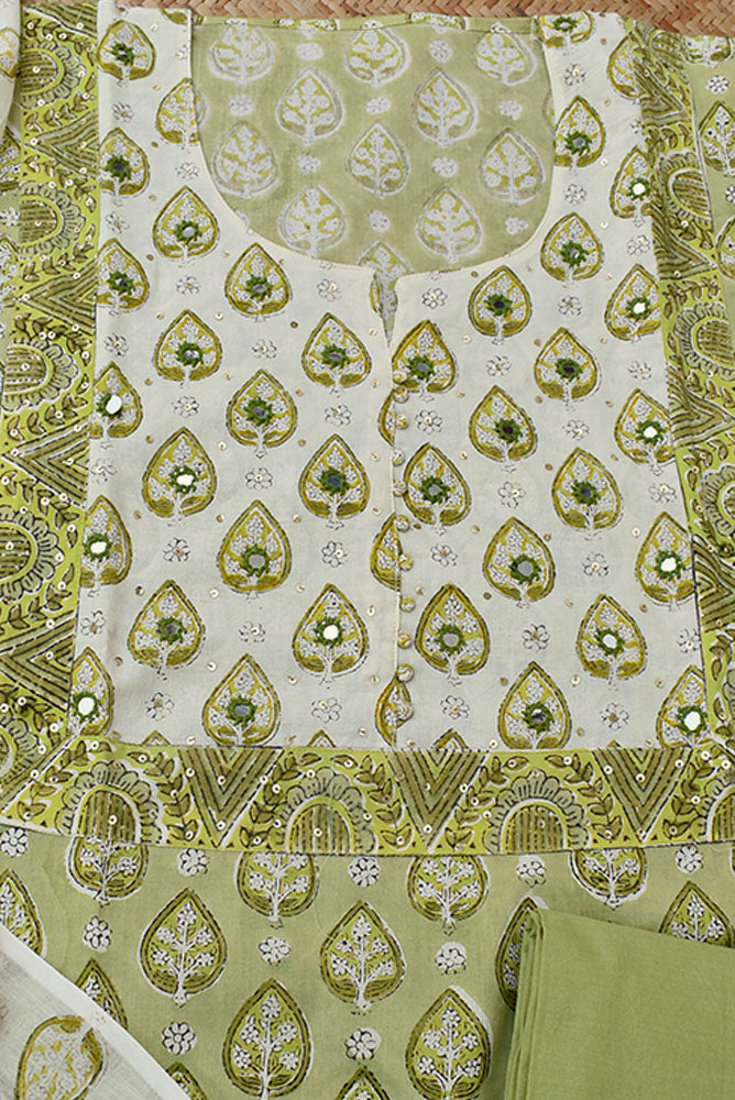 Beautiful Cotton Unstitched Suit Fabric with Embroidery, sequin & mirror work & Mul cotton dupatta